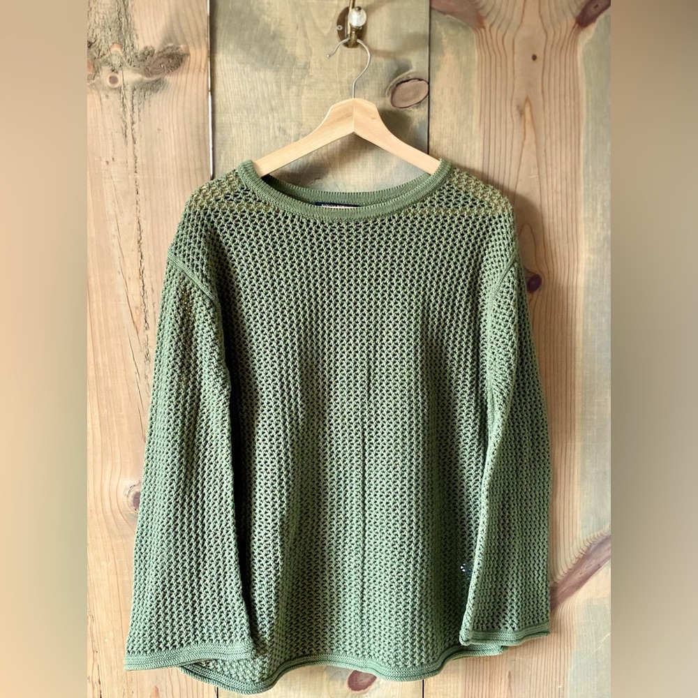 Banana Republic open knit sweater in olive green, with wide tapered sleeves.